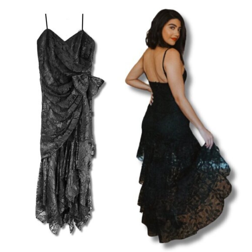 Black Lace Gothic Maxi Formal Dress Size Small 4 - 6 Layered Tier Gown